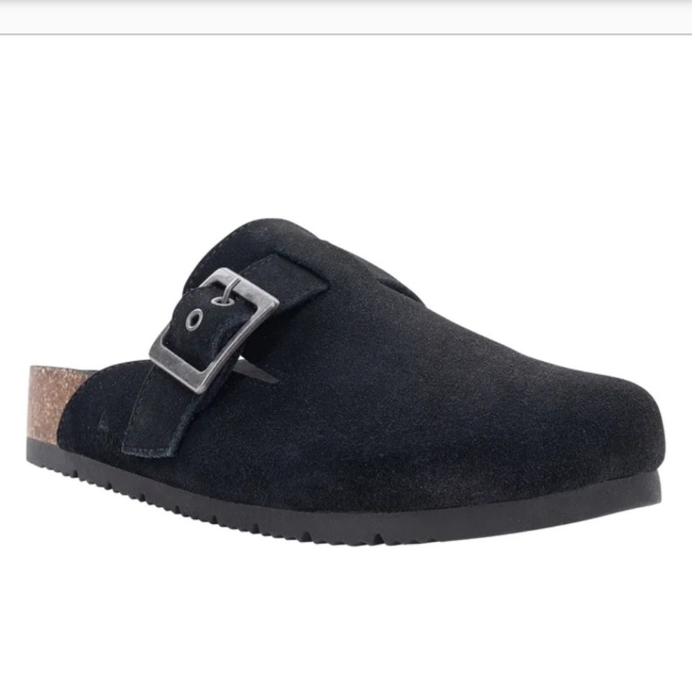 Black Suede Clogs with Buckle